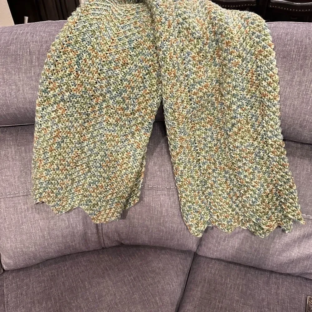 Afghan handmade Throw Blanket earth colors green tan cream  41 x 57 grannycore